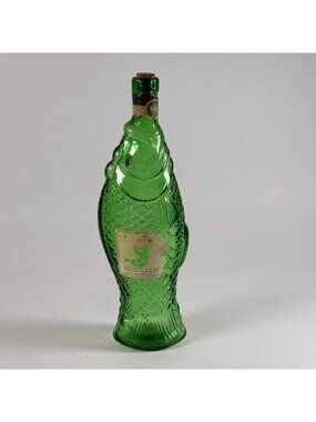 Vintage Green Glass Fish Bottle Italia w/Cork Stopper Embossed Design Decorative